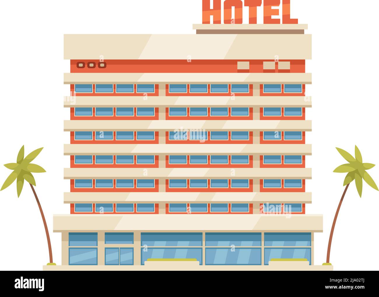 Hotelgebäude in tropischem Land mit Palmen Cartoon-Symbol-Vektor-Illustration Stock Vektor