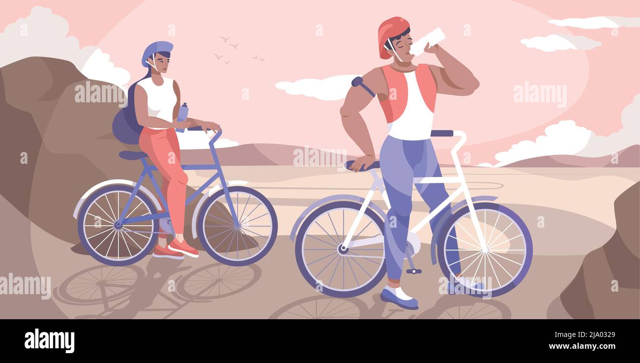 Biker trinken Wasser flache Zusammensetzung mit paar auf Radtour gestoppt, um Ruhe Vektor-Illustration Stock Vektor