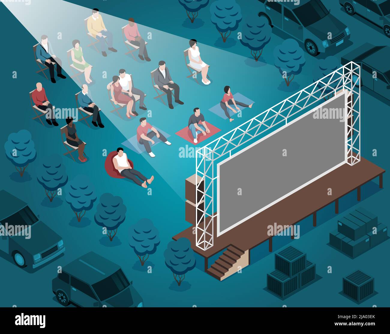 Isometrische Open-Air-Kino-Komposition mit Outdoor-Kino sicheren Abstand zwischen sitzenden Menschen Vektordarstellung Stock Vektor