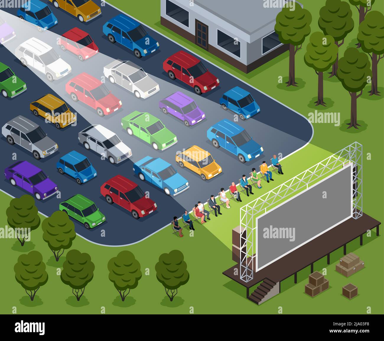 Isometrische Kino im Freien Komposition mit Open-Air-Landschaft Reihen von Autos und sitzende Menschen mit Leinwand Vektor Illustration Stock Vektor
