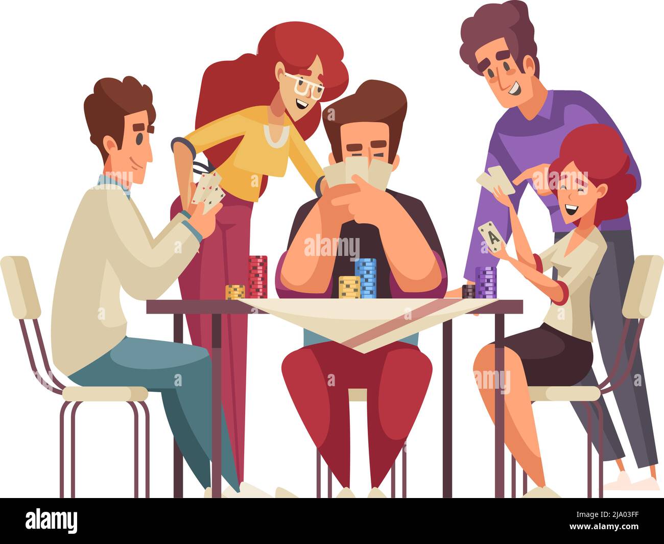 Gruppe von glücklichen Freunden spielen Poker Cartoon Vektor Illustration Stock Vektor