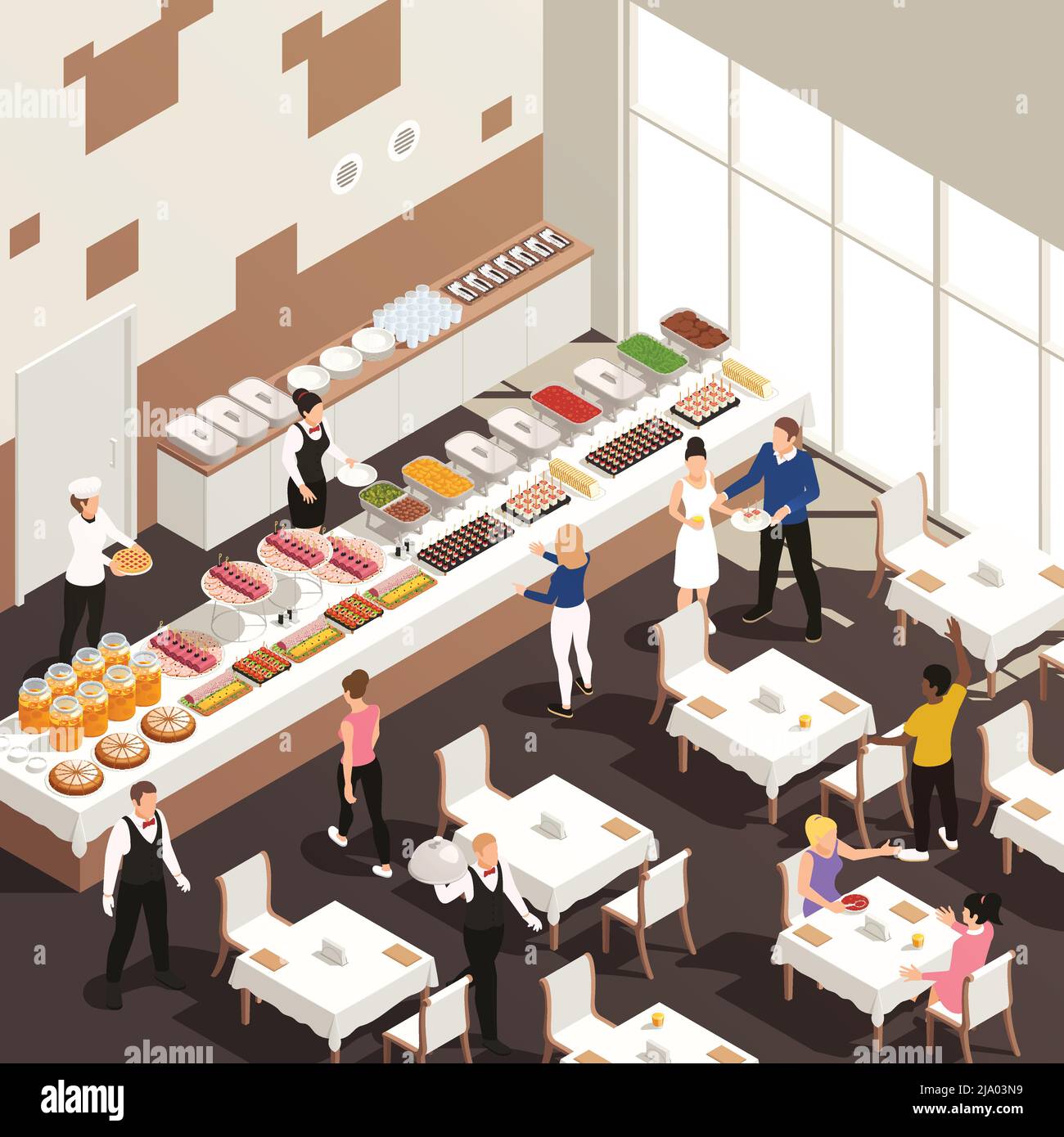 Corporate Events Feiern Catering Service Halle isometrische Ansicht mit weißen Tischdecken Snacks Getränke Buffet Vektor Illustration Stock Vektor