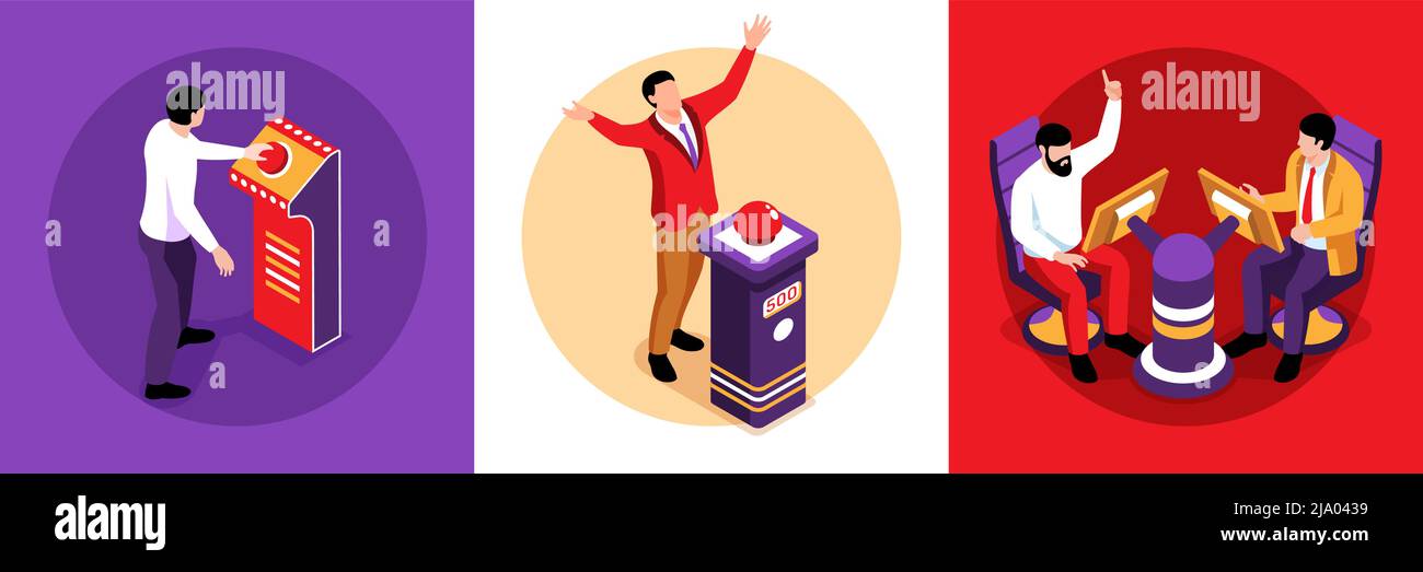 Isometrisches tv-Quiz-Design-Konzept mit runden Kompositionen von menschlichen Charakteren, die Vermutung und Drücken von Tasten Vektor-Illustration Stock Vektor