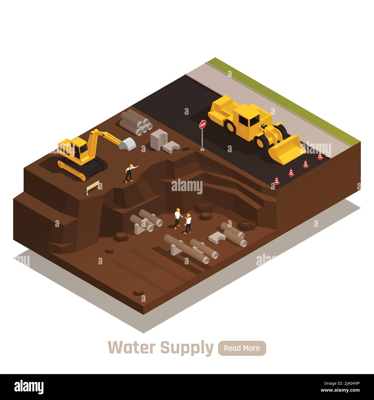 Wasserversorgungssystem isometrische Webseite Element mit Bulldozer Bagger Graben Gräben für Rohre Installation Vektor Illustration Stock Vektor