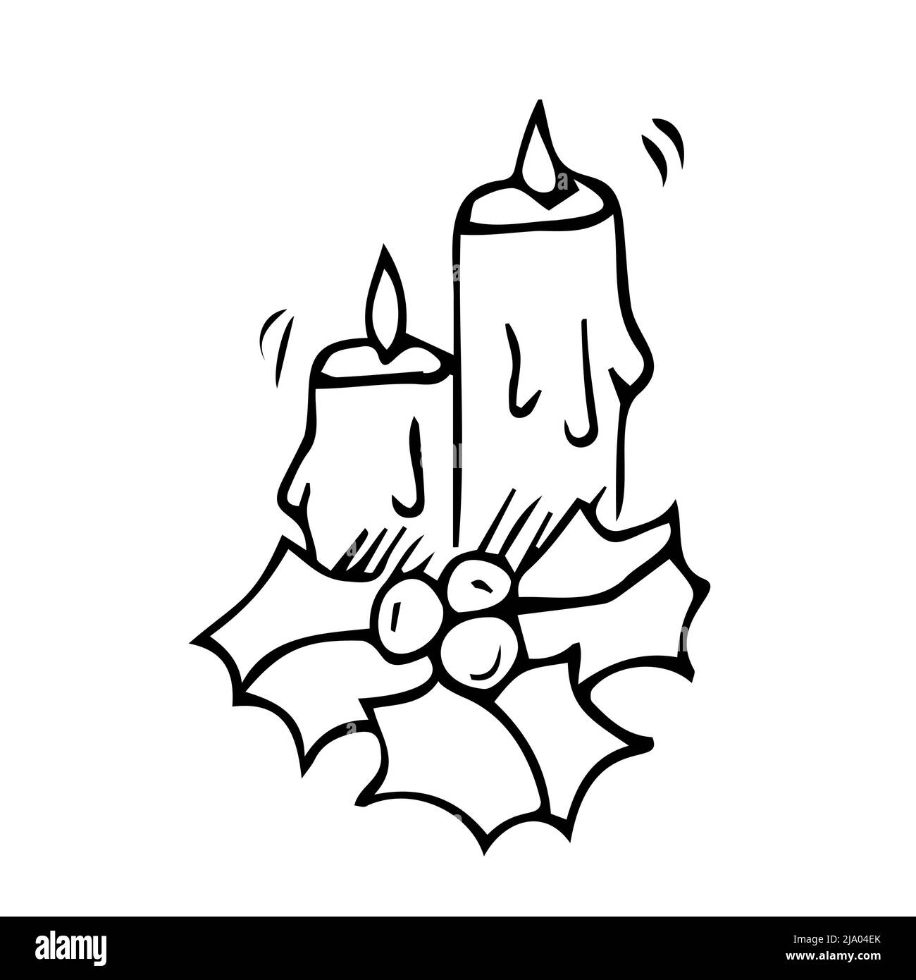 Kerzen und Stechpalme - Vektor-lineare Illustration für die Färbung. Gliederung. Paar Kerzen und Stechpalme immergrün Symbol von Weihnachten zum Färben. Stock Vektor