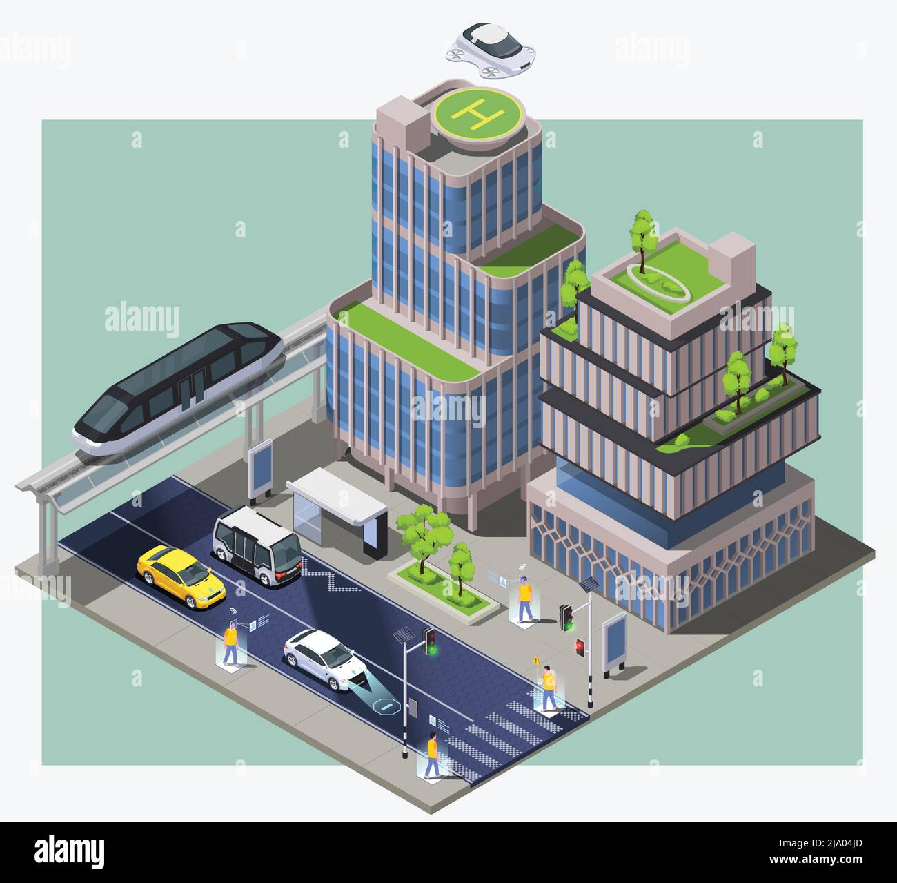 Smart City Technologien isometrische Zusammensetzung mit Bild des Stadtblocks mit entfernten Fahrzeugen Gebäude und Menschen Vektor Illustration Stock Vektor