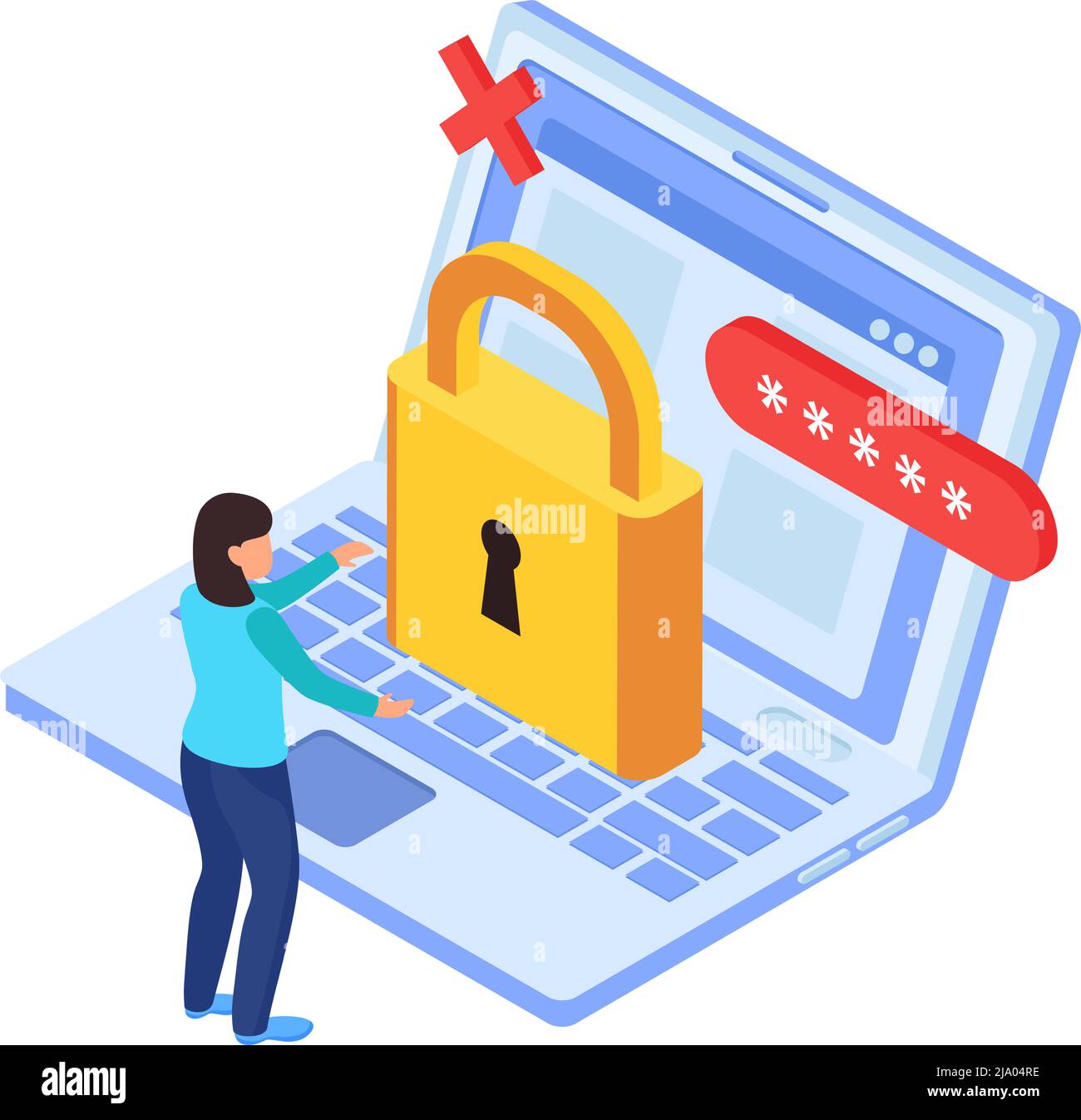 Symbol für das Blockieren von Internetseiten mit 3D-Schloss auf dem Laptop und isometrischer Vektorgrafik mit menschlichem Charakter Stock Vektor
