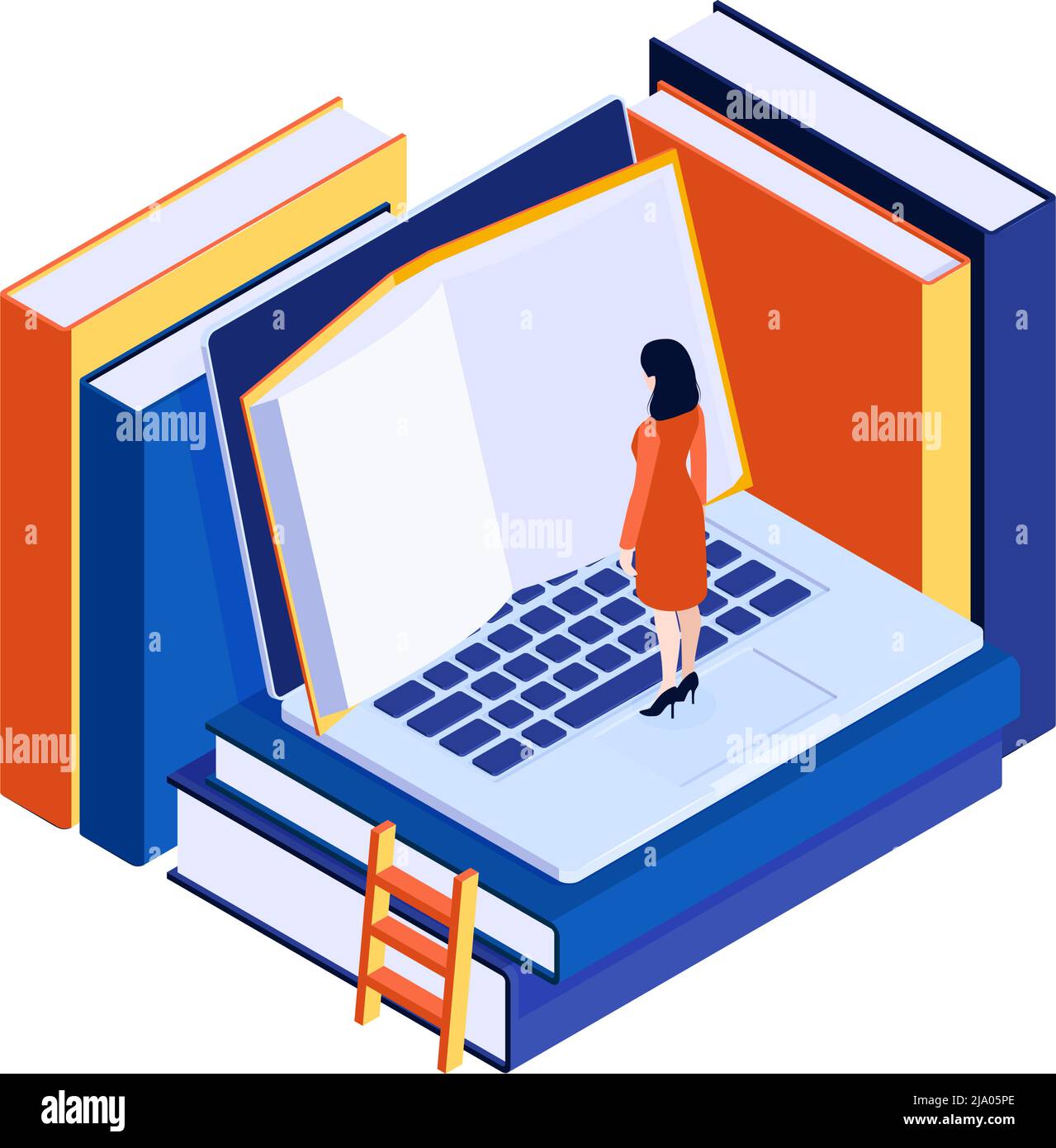 Isometrisches Konzept mit Charakter der Frau, die elektronische Bücher auf Laptop-Vektorgrafik liest Stock Vektor