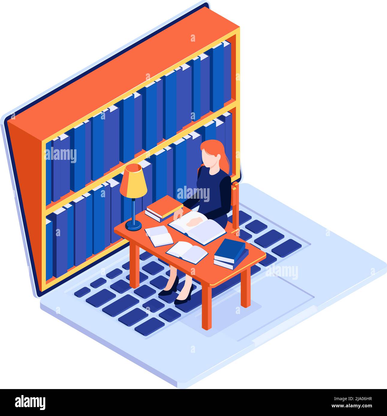 Online-Bibliothek-Konzept mit Laptop und Frau Bücher am Schreibtisch lesen 3d isometrische Vektor-Illustration Stock Vektor
