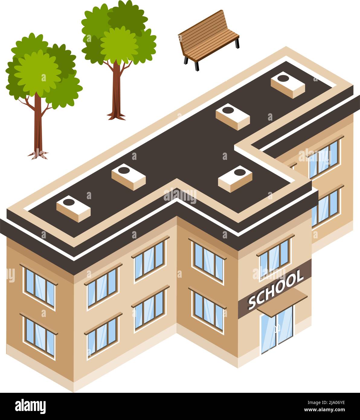 Isometrische Ikone von 3D Schulgebäude grünen Bäumen und Bank isoliert Vektor-Illustration Stock Vektor