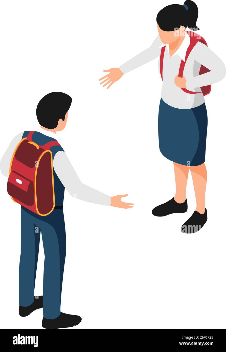 Isometrisches Symbol mit zwei Schülern in Schuluniform, die sich gegenseitig begrüßen Vektorgrafik Stock Vektor