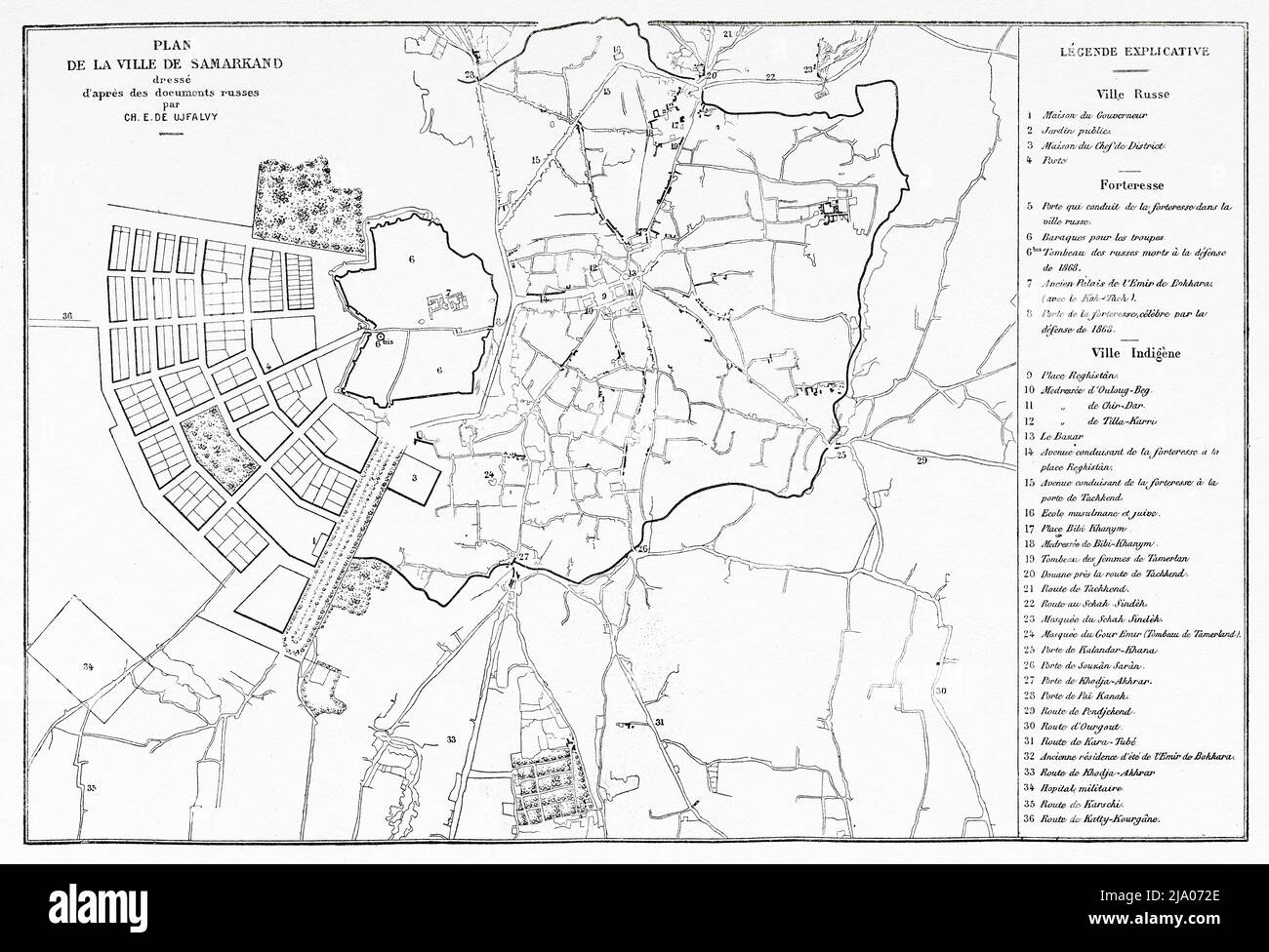 Der alte Plan der Stadt Samarkand, Usbekistan, Zentralasien. Von Orenburg nach Samarkand 1876-1878 von Madame Marie Ujfalvy-Bourdon, Le Tour du Monde 1879 Stockfoto