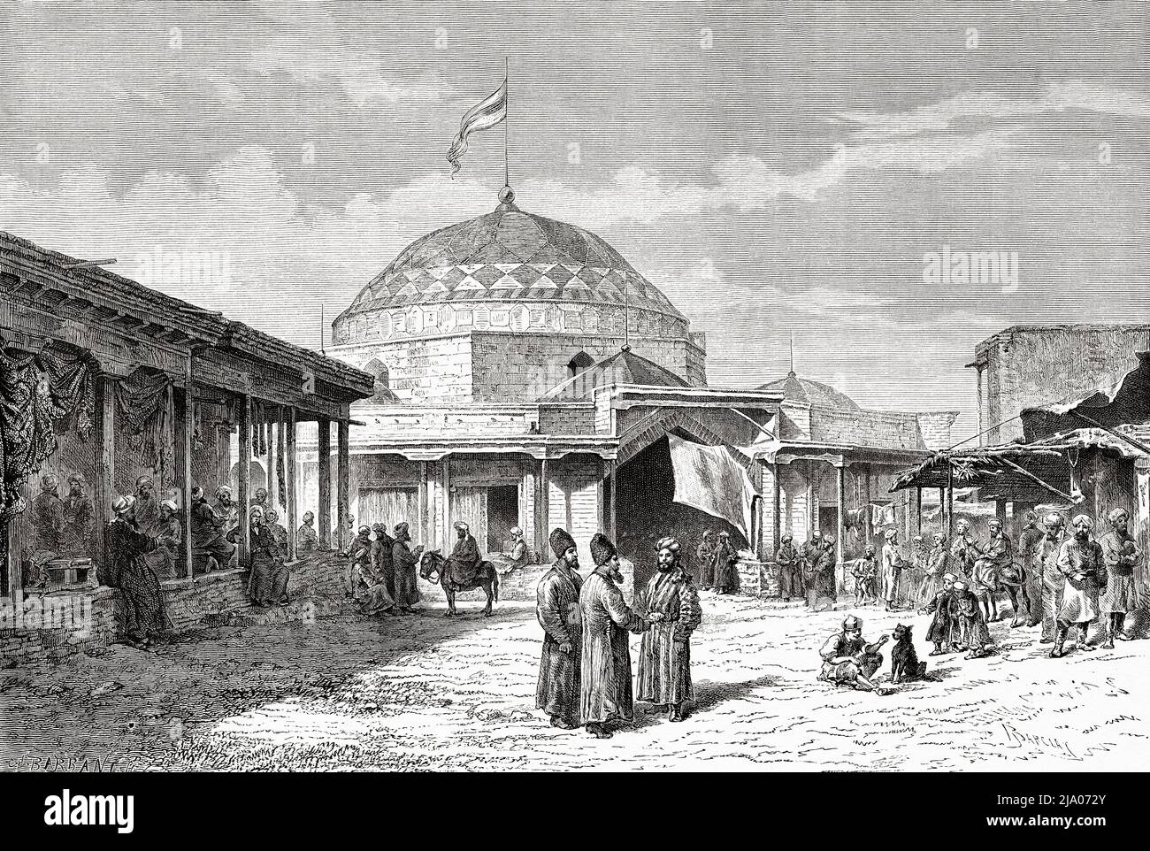 Alter Basar im Zentrum von Samarkand, Usbekistan, Zentralasien. Von Orenburg nach Samarkand 1876-1878 von Madame Marie Ujfalvy-Bourdon, Le Tour du Monde 1879 Stockfoto