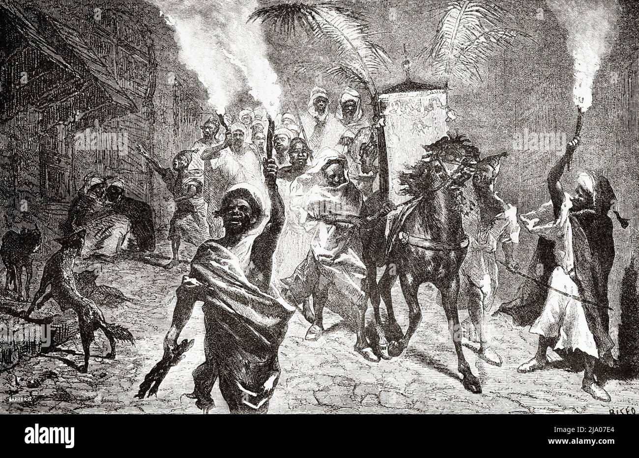 Die Braut wird von ihrem Mann, Tanger, Marokko, nach Hause gebracht. Nordafrika. Marokko von Edmondo de Amicis 1875. Le Tour du Monde 1879 Stockfoto Die Braut wird von ihrem Mann, Tanger, Marokko, nach Hause gebracht. Nordafrika. Marokko von Edmondo de Amicis 1875. Le Tour du Monde 1879 Stockfoto