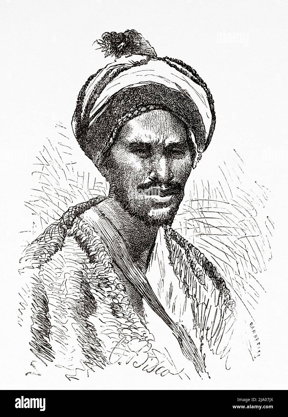 Porträt eines Mannes aus dem Stamm der Beni Hassan, einer nomadischen Gruppe arabischer Herkunft, einer der vier Unterstämme der arabischen Maqil-Stämme, die im 10.. Jahrhundert in Marokko in den Maghreb emigrierten. Nordafrika. Marokko von Edmondo de Amicis 1875. Le Tour du Monde 1879 Stockfoto