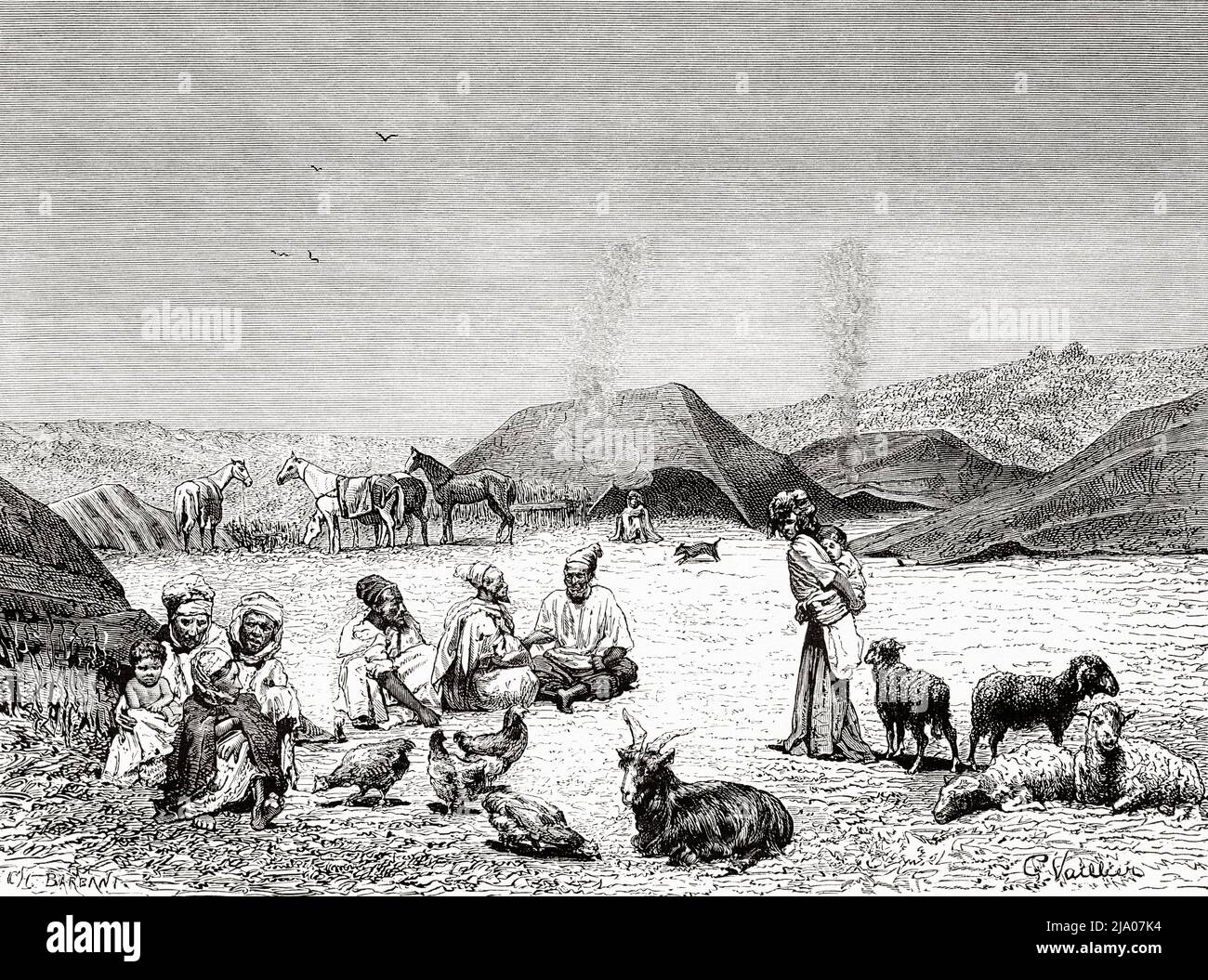 Ein Duar in der Nähe von Beni-Hassan. Kleine Bevölkerung von nomadischen Arabern, bestehend aus Zelten oder Hütten, Marokko. Nordafrika. Marokko von Edmondo de Amicis 1875. Le Tour du Monde 1879 Stockfoto