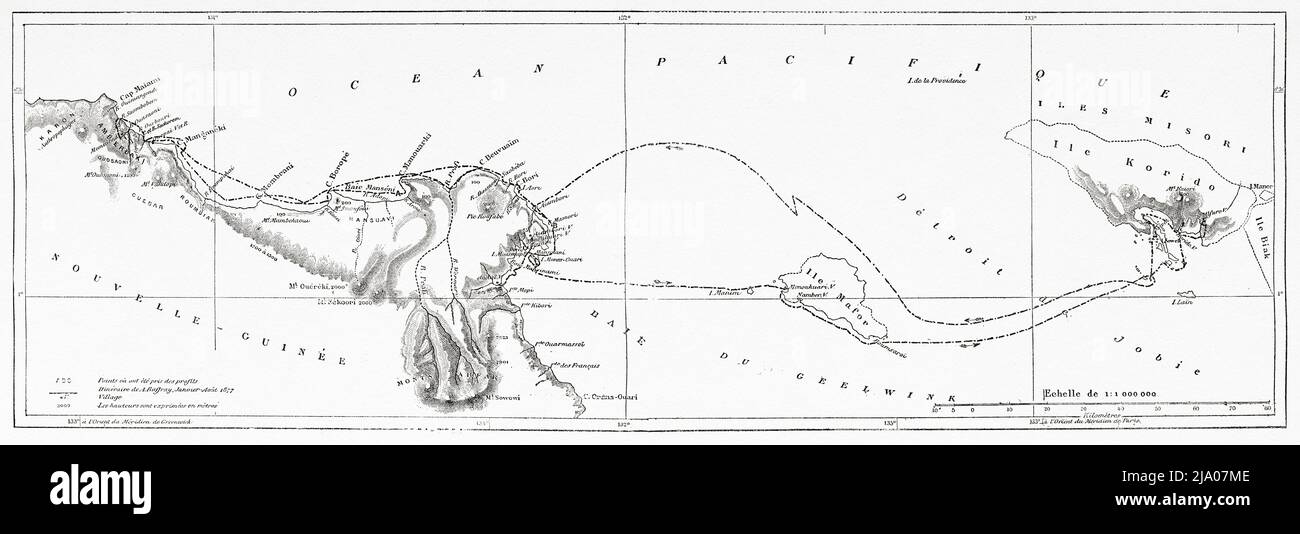 Karte der Reiseroute Reise nach Papua-Neuguinea mit Achille Raffray 1876-1877. Le Tour du Monde 1879 Stockfoto