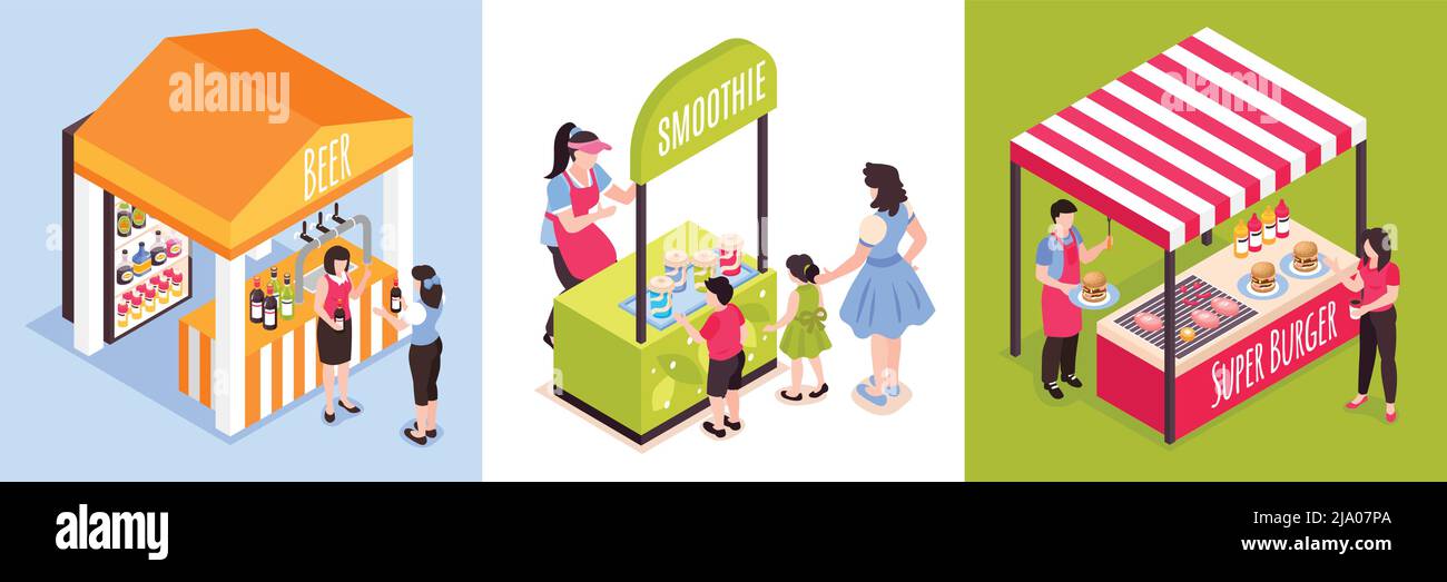 Isometrische Lebensmittel Gerichte fair Design Konzept mit Kompositionen von Marktstand Bilder Verkäufer und Käufer Zeichen Vektor-Illustration Stock Vektor