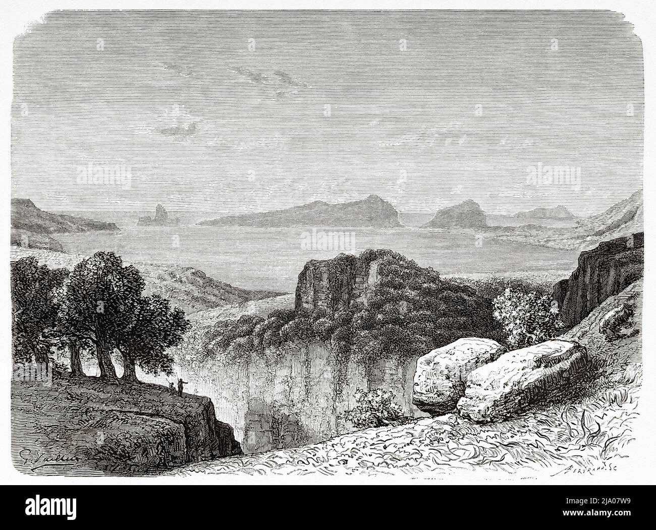 Eingang der Straße von Navarino. Stadt Pylos, Peloponnes, Griechenland. Europa. Reise in Griechenland, 1861-1868-1874, von Henri Belle. Le Tour du Monde 1879 Stockfoto