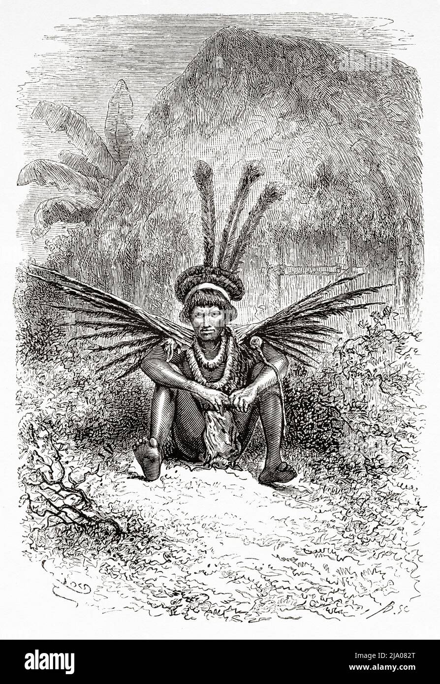 Ureinwohner des indigenen Indianerstamm Wayana, Französisch-Guayana, Departement Frankreich, Südamerika. Entdeckungsreise im Inneren der Guianas 1877 von Jules Crevaux. Le Tour du Monde 1879 Stockfoto