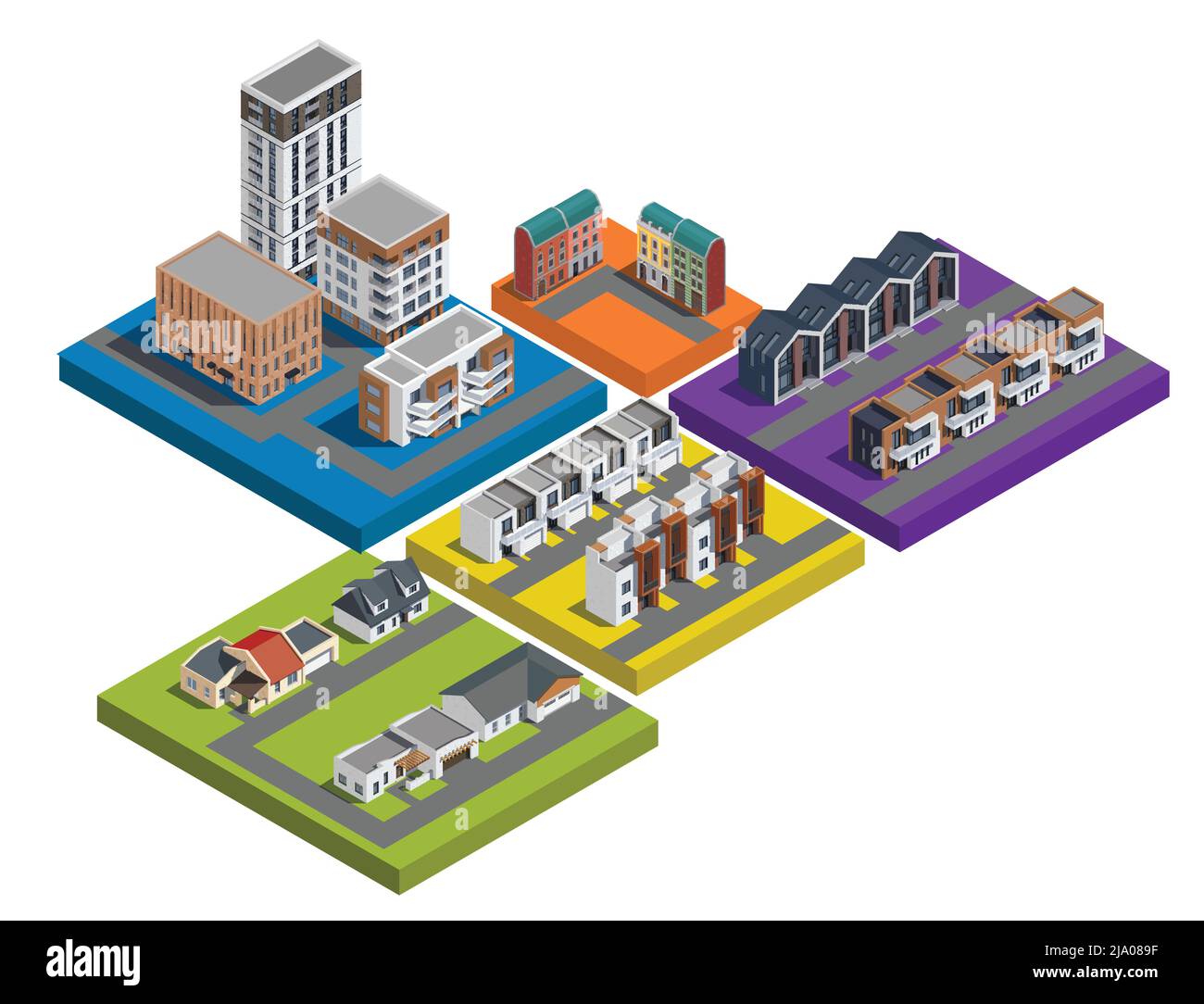 Stadtgebäude in den Vororten sind ein isometrischer Satz von farbenfrohen, isolierten Plattformen mit flachen Apartments und Stadthäusern Stock Vektor