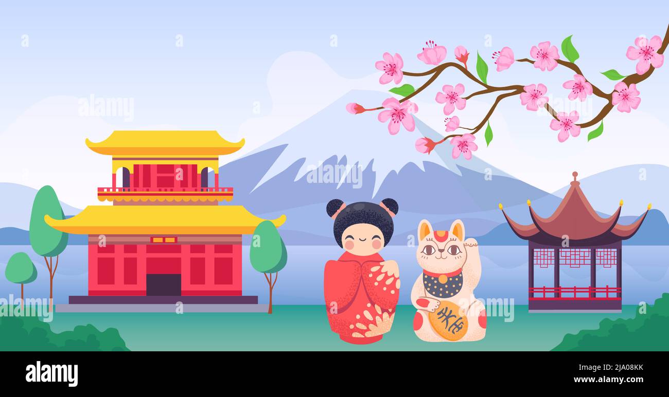 Japan Landschaft mit Berg Fuji, Reise-Banner-Konzept Stock Vektor
