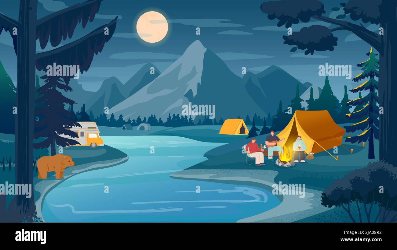 Mountain Night Camping, Naturlandschaft in der Nähe des Flusses Stock Vektor