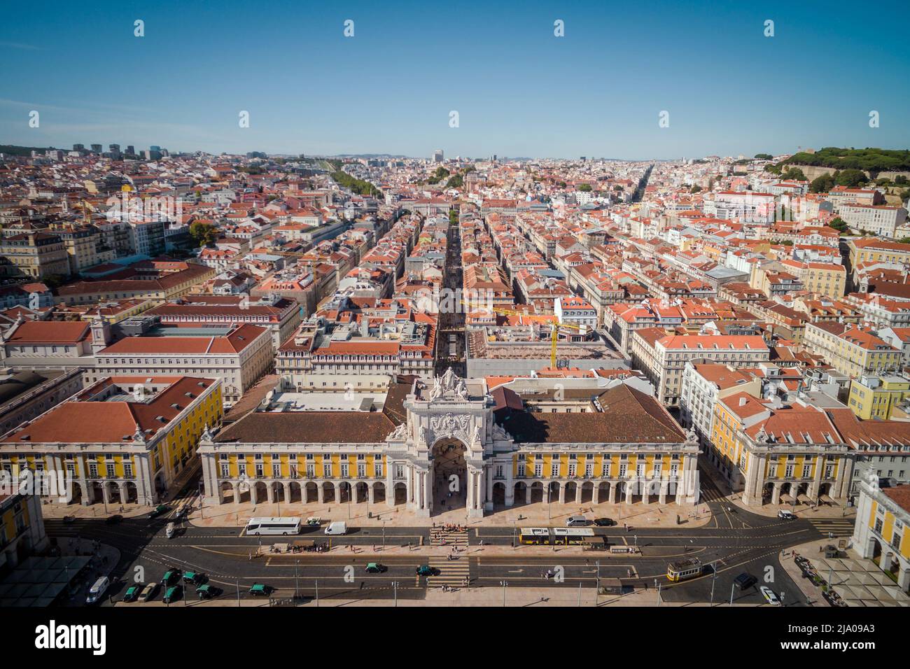 Luftaufnahme des Comercio-Platzes in Lissabon, Portugal. Stockfoto