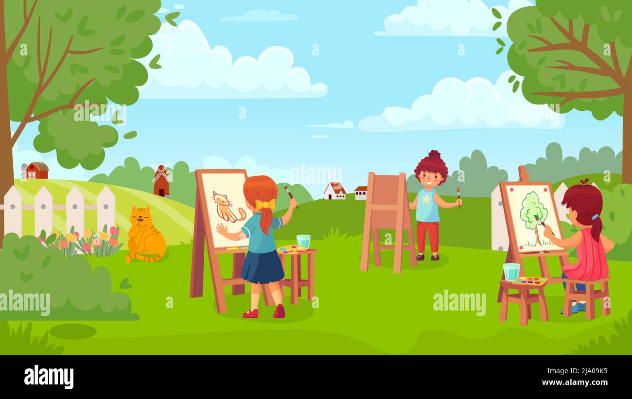 Kinder zeichnen Bild im Garten, Kunstklasse Stock Vektor