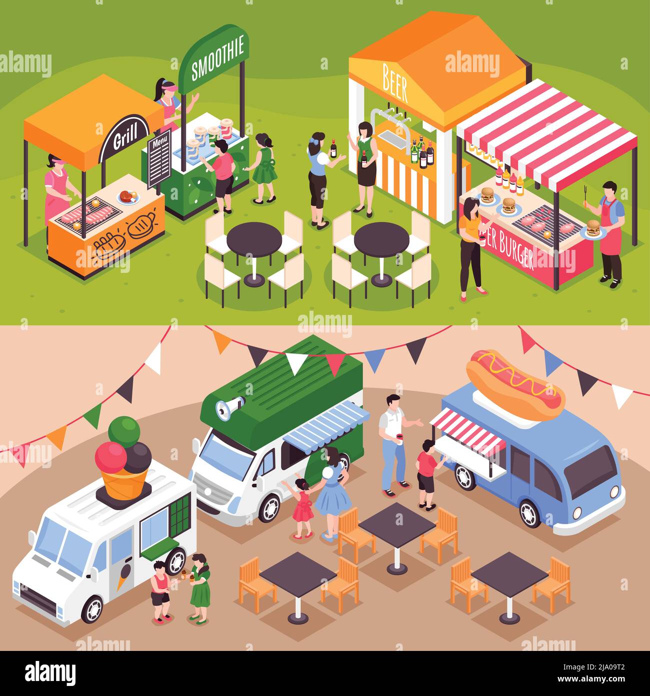 Satz von zwei horizontalen Food Court Messe Banner mit isometrischen Bildern von Outdoor-Sitze und Stände Vektordarstellung Stock Vektor