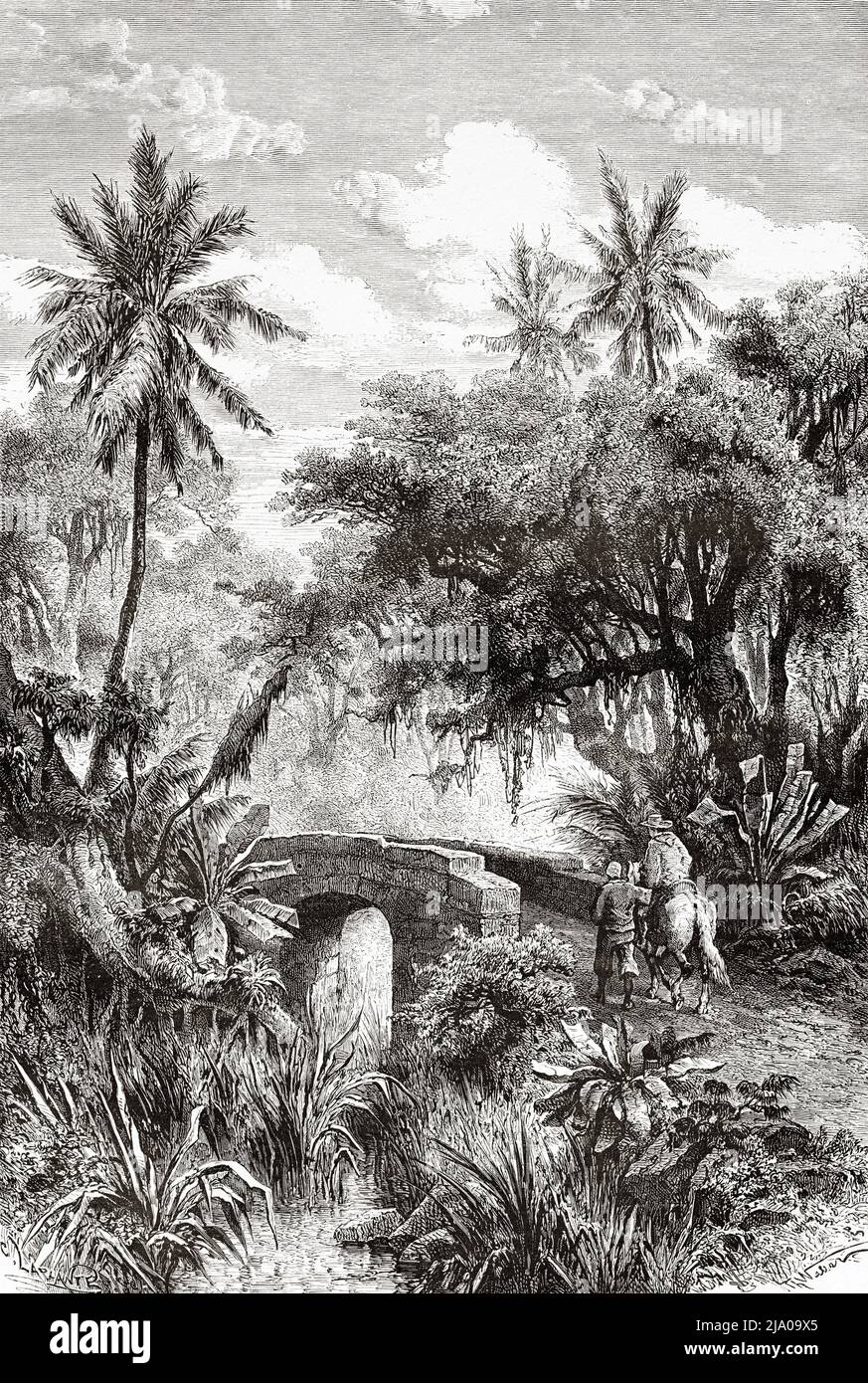 Die rote Brücke bei Port-au-Prince, Haiti. Karibik, Mittelamerika. Haiti von Edgar la Selve 1871. Le Tour du Monde 1879 Stockfoto