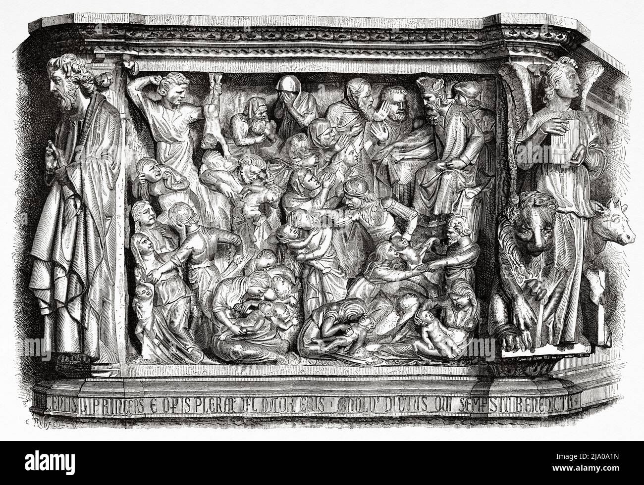 Das Massaker an den Unschuldigen, Flachrelief der Pulpit von Giovanni Pisano, Kirche Sant Andrea, Pistoia. Toskana, Mittelitalien. Europa. Kleine Städte und große Kunst in der Toskana von Henri Belle 1871. Le Tour du Monde 1879 Stockfoto
