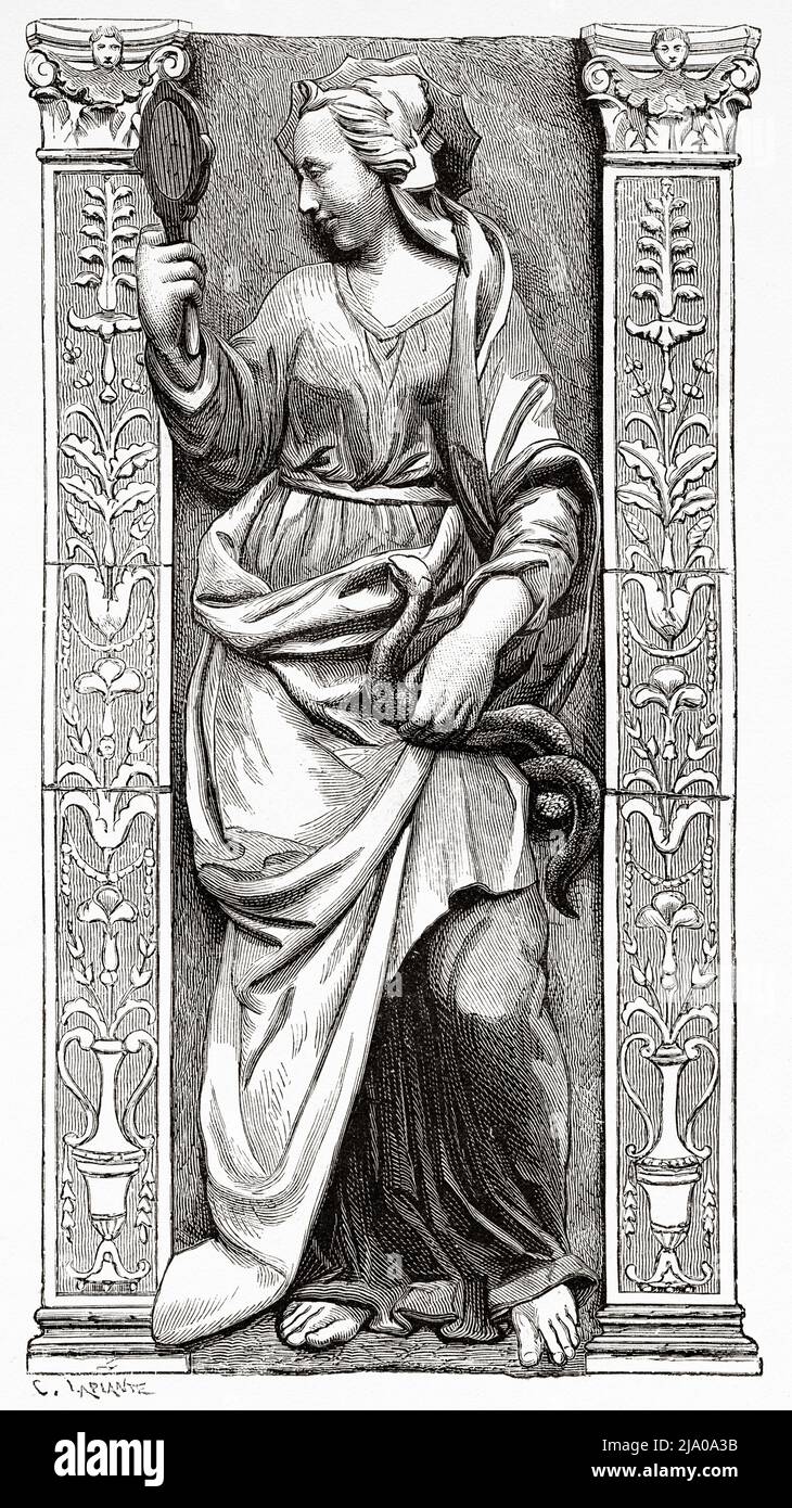 Die Wahrheit. Emailliertes Terrakotta-Flachrelief von della Robbia. Del Ceppo Krankenhaus, Pistoia. Toskana, Mittelitalien. Europa. Kleine Städte und große Kunst in der Toskana von Henri Belle 1871. Le Tour du Monde 1879 Stockfoto