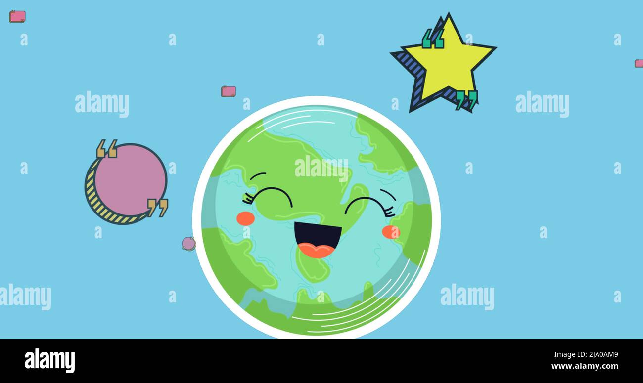 Bild von Zitatblasen schweben über glückliche Cartoon-Erde auf blauem Hintergrund Stockfoto