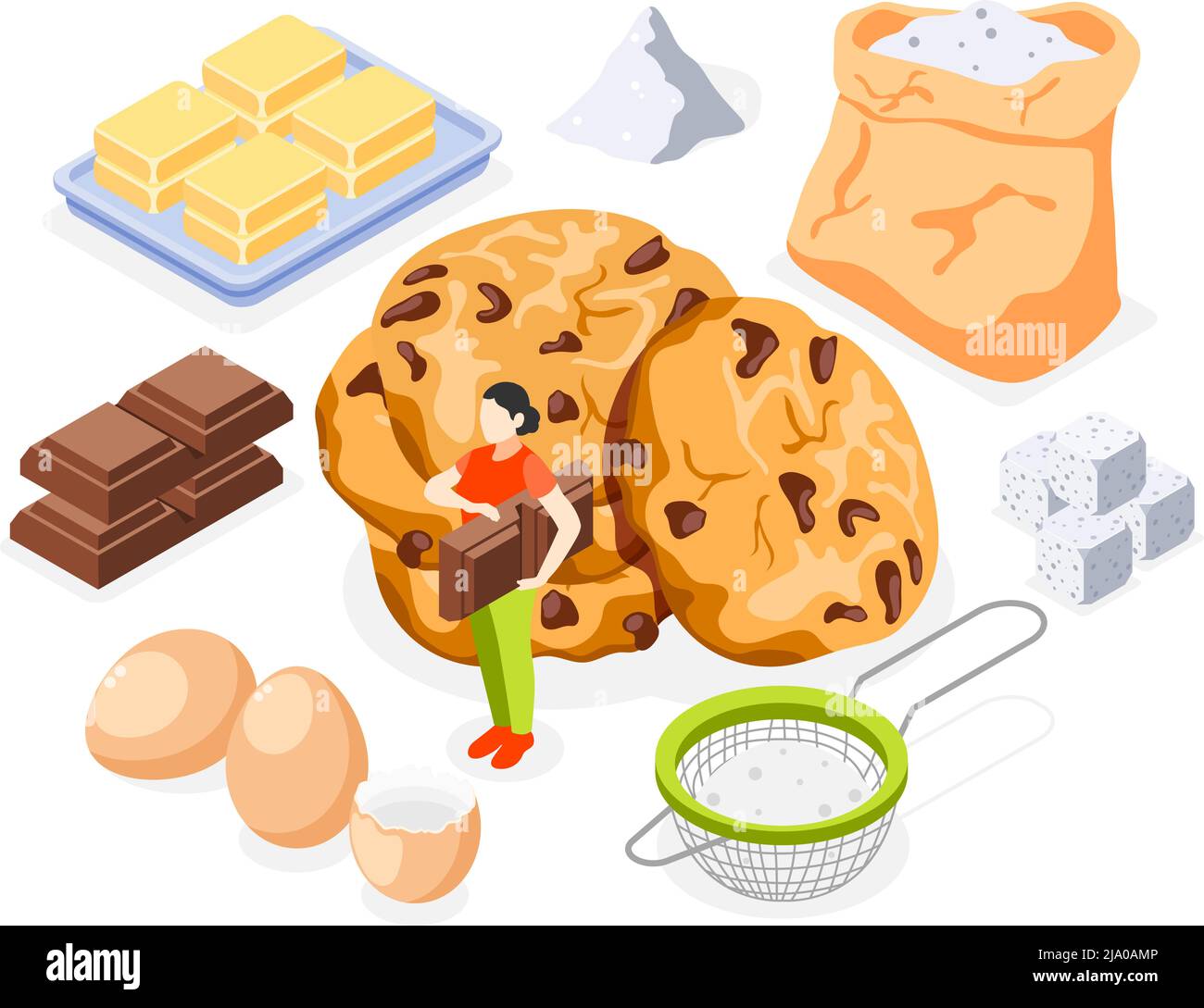 Bäckerei isometrische Symbole Satz von Mehl Zucker Butter Eier Schokolade und zubereitete Cookies isoliert Vektor-Illustration Stock Vektor