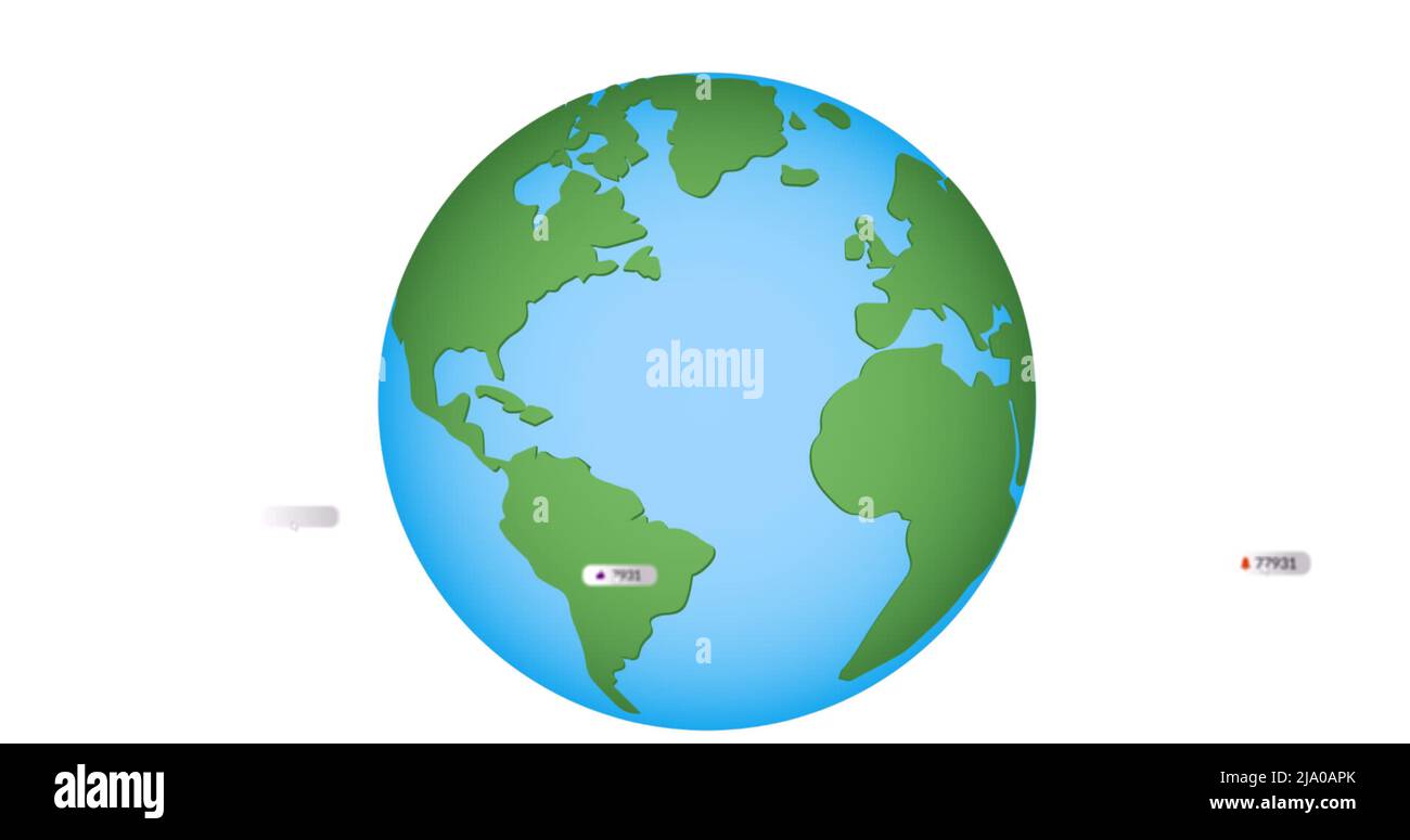 Bild von Zahlen von Warnungen über den Globus auf weißem Hintergrund. Globale Social Media, Verbindungen und Datenverarbeitungskonzept digital generiertes Bild. Stockfoto