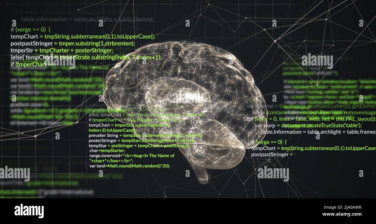 Bild des digitalen Gehirns und der Datenverarbeitung auf schwarzem Hintergrund Stockfoto