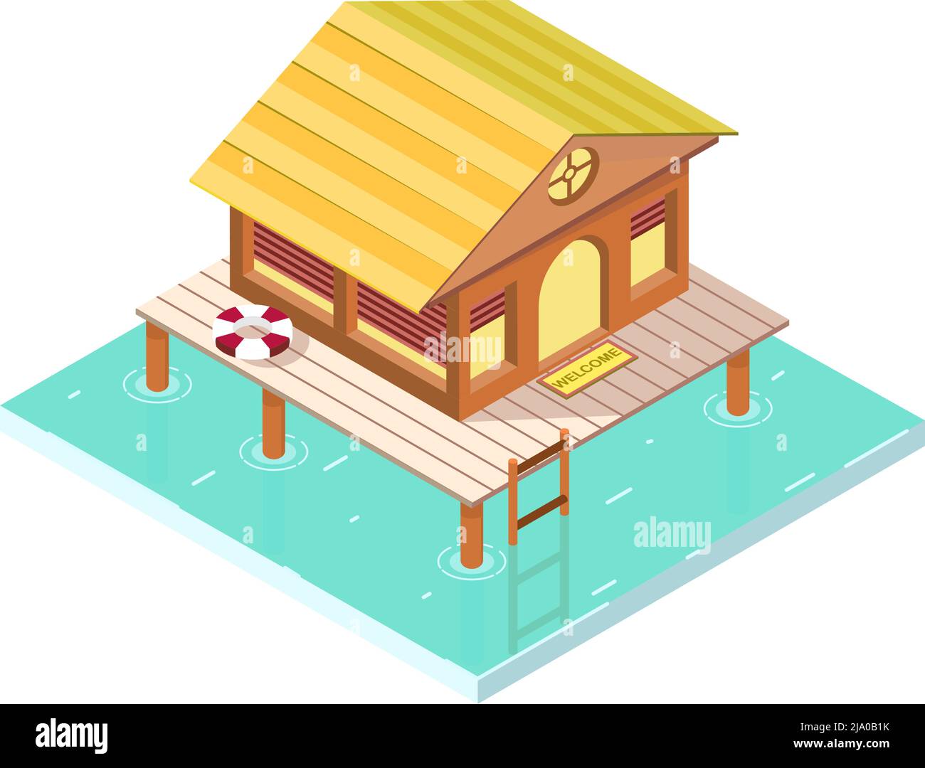 Tropisches Rest isometrisches Symbol mit exotischer Überwasser-Bungalow 3D Vektorgrafik Stock Vektor