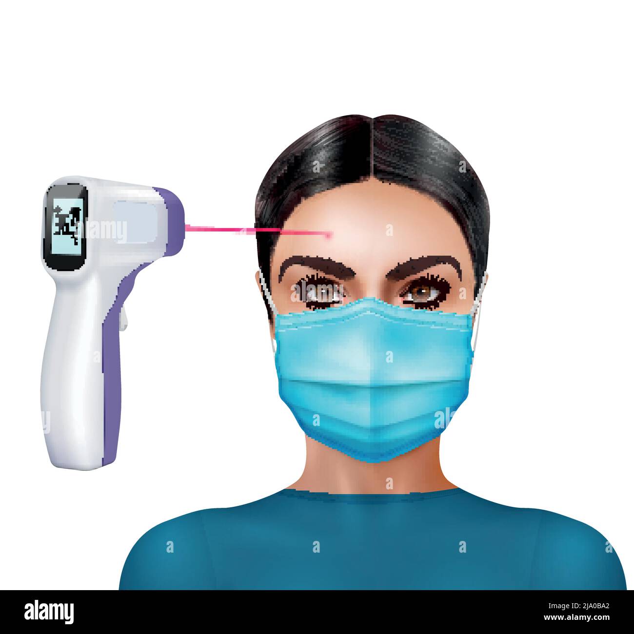 Infrarot-Thermometer Temperaturkontrolle realistische Zusammensetzung mit weiblichem Charakter in Maske mit Digitalthermometer und Strahlungsvektordarstellung Stock Vektor