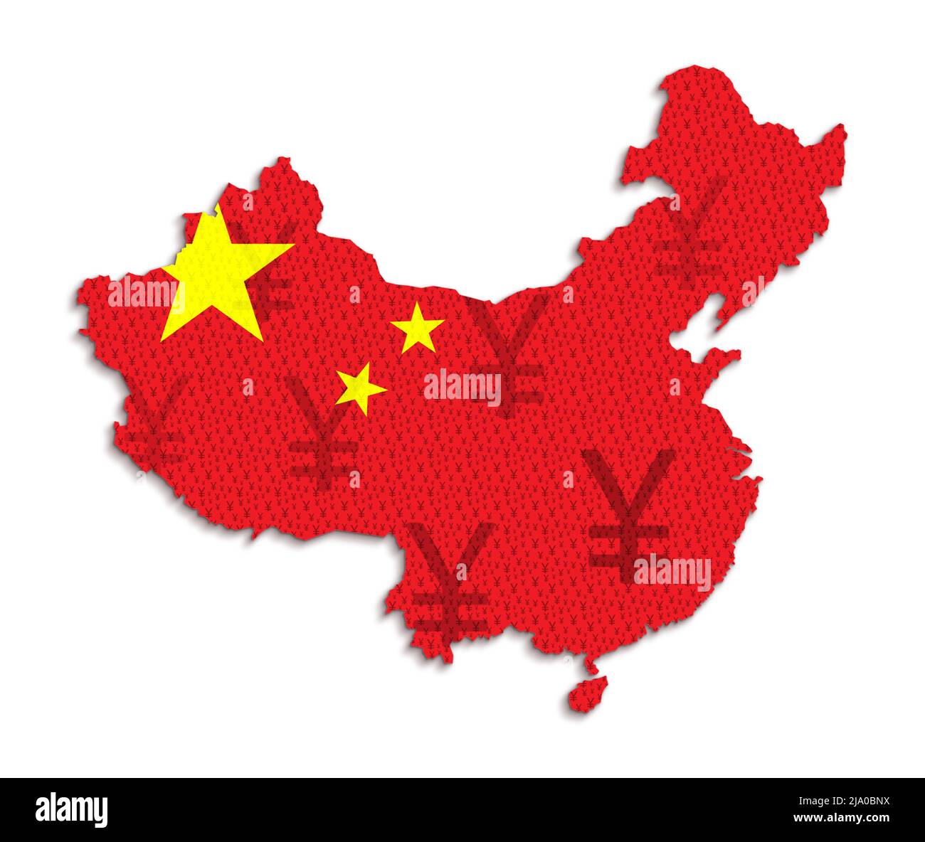 Rote chinesische Flagge und Karte von China aus Yuan (chinesische Währung Renminbi) Symbole. Abstrakte Konzeptdarstellung auf weißem Hintergrund. Stockfoto