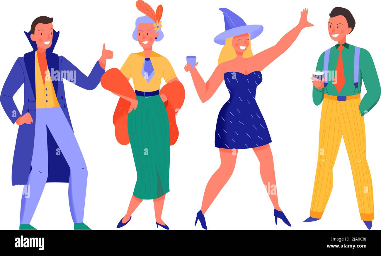 Männer und Frauen tanzen auf Kostüm-Party flache Vektor-Illustration Stock Vektor