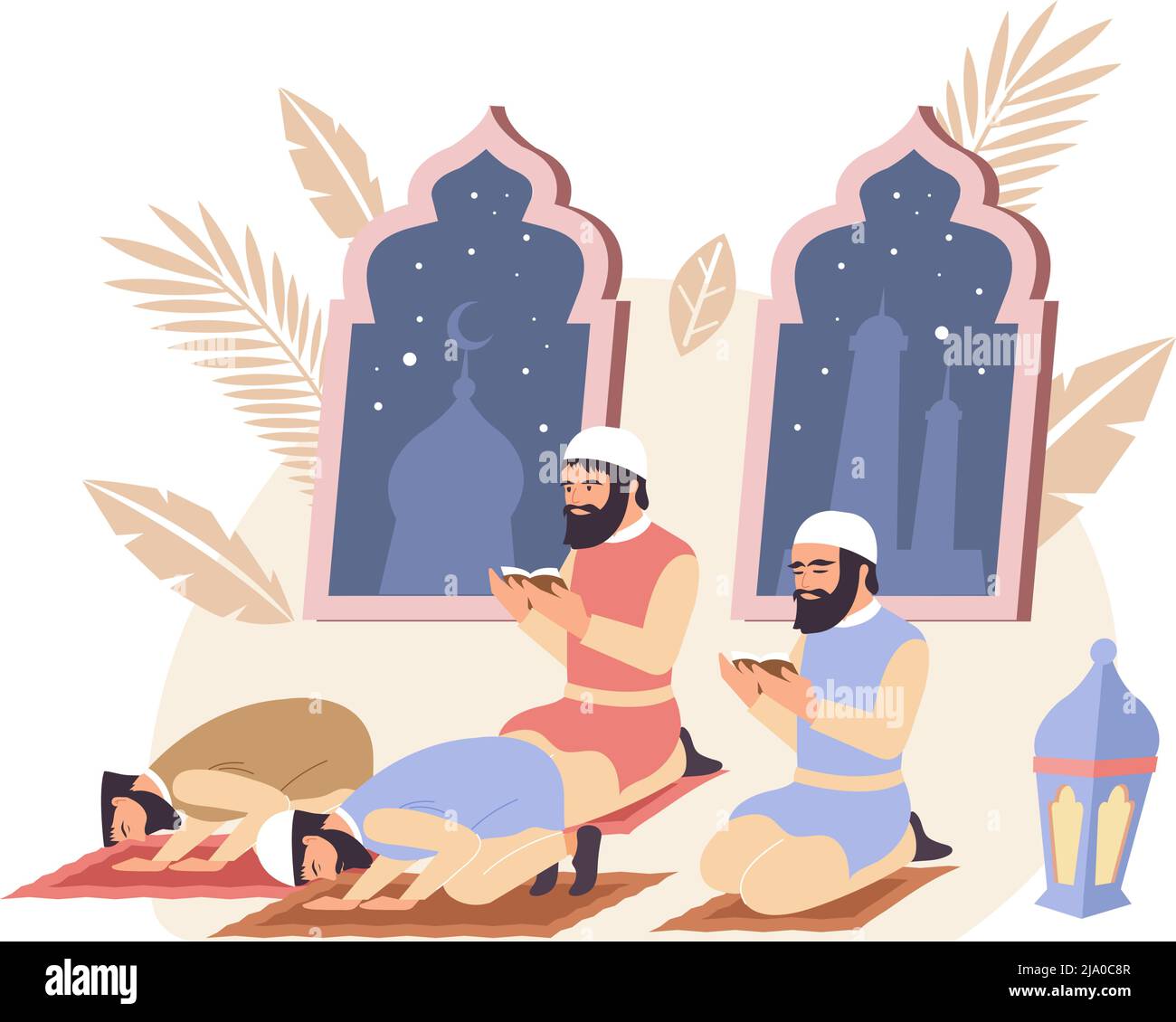 Weltreligionen flache Komposition mit Blick auf betende muslime mit Silhouetten von Moschee in Fenster Vektor-Illustration Stock Vektor