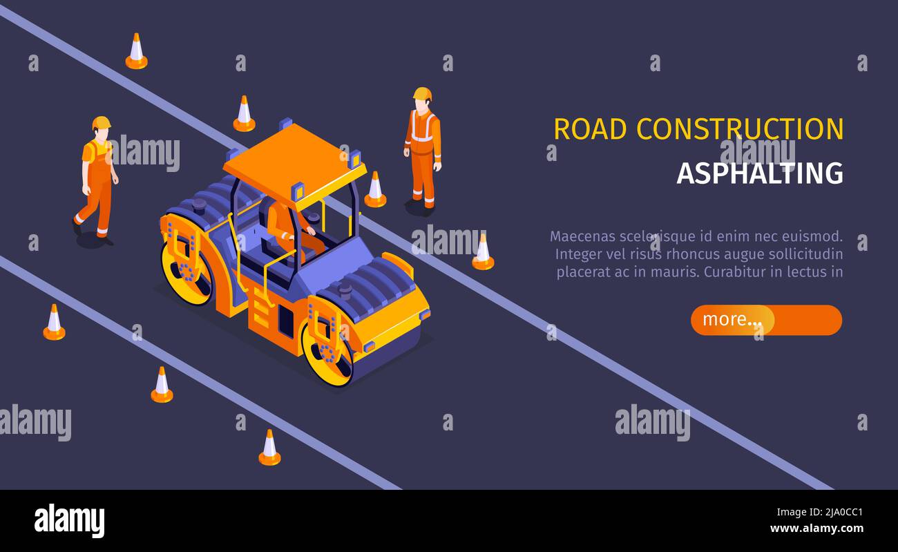 Isometrisches Straßenbau horizontales Banner mit editierbarem Text Schieberegler mehr Taste und Roller Fahrzeug mit Arbeiter Vektor Illustration Stock Vektor