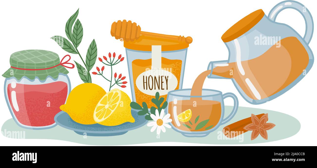 Tee-Drink-Konzept, Zitrone und Honig, Glas Marmelade Stock Vektor