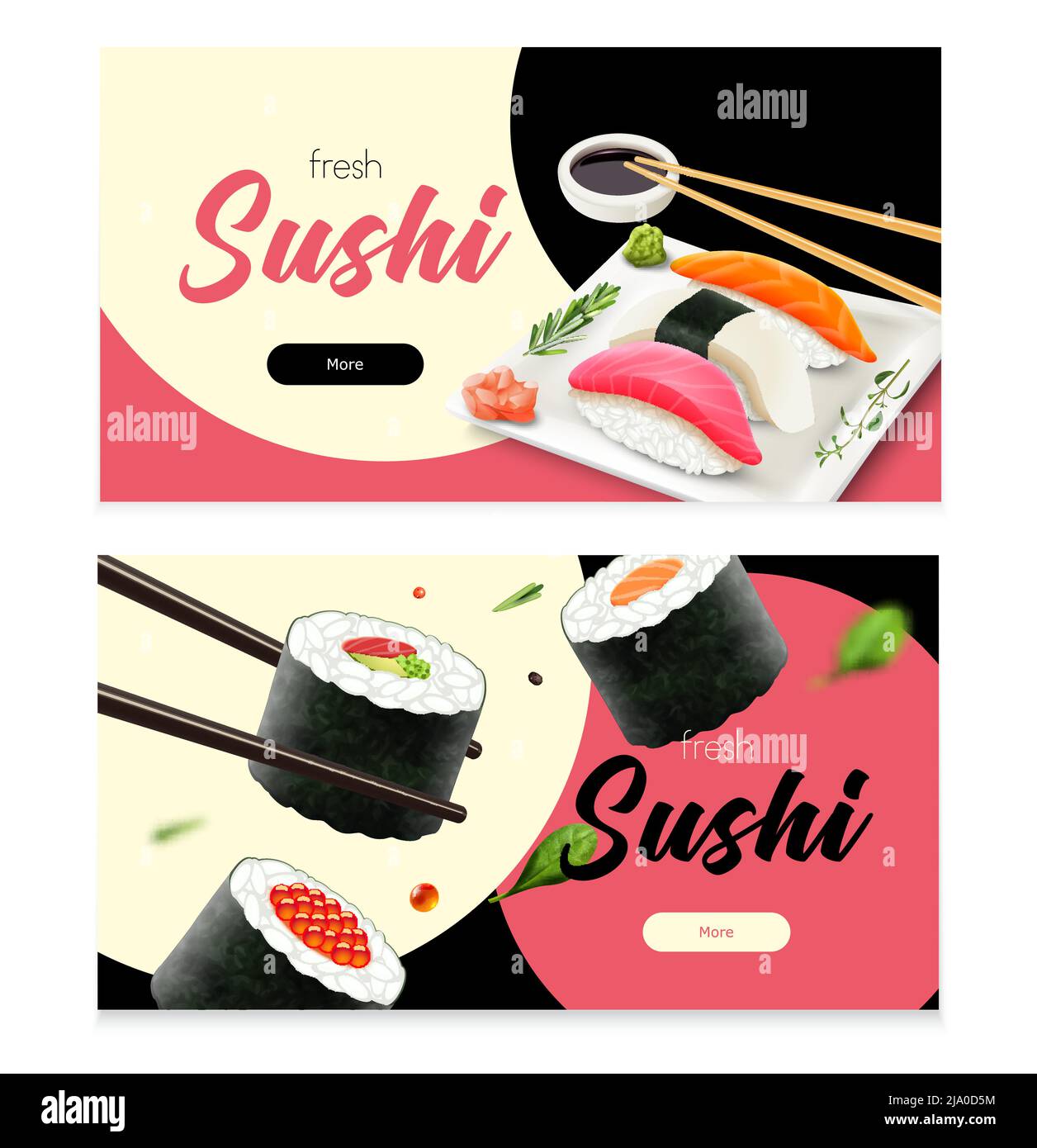 Realistische frische Sushi horizontale Banner setzen isoliert Vektor Illustration Stock Vektor