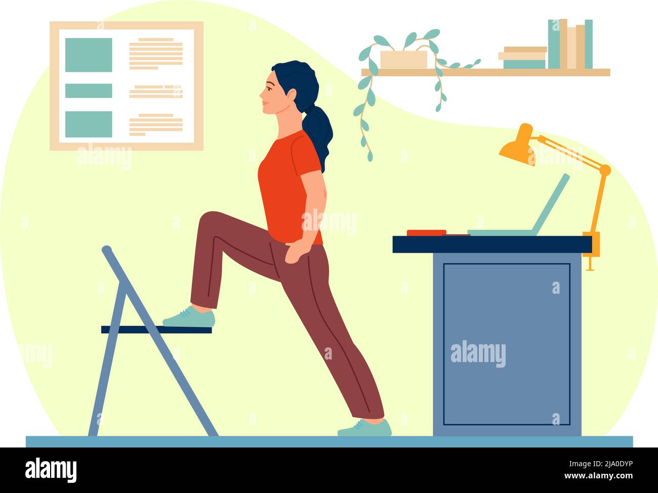 Workplace Workout-Mitarbeiter. Körperliche Ausbildung im Büro. Arbeitspause. Frau, die Sport macht. Mitarbeiter steht in Fitness-Position. Gesund Stock Vektor