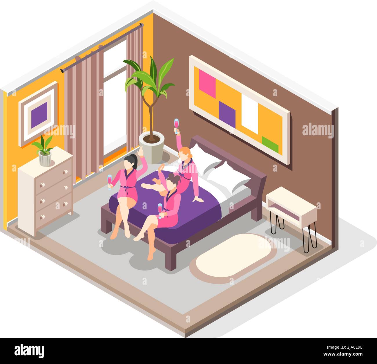 Pyjama Party isometrische Komposition mit Blick auf Schlafzimmer Interieur mit weiblichen Freunden Spaß auf Bett Vektor-Illustration Stock Vektor
