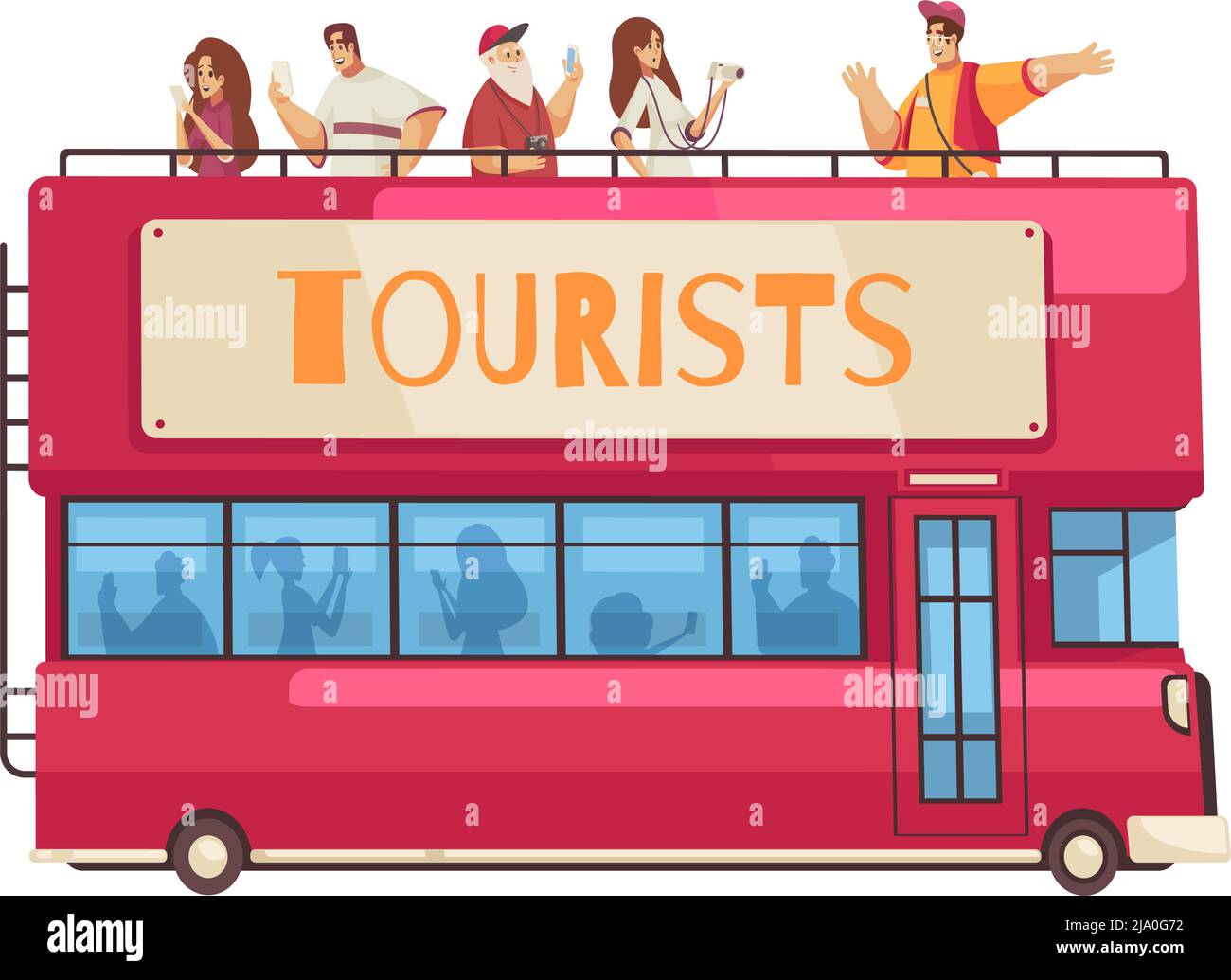 Guide Exkursion Zusammensetzung mit Zeichen des Führers und Gruppe von Touristen auf der Sightseeing-Bus Vektor-Illustration Stock Vektor
