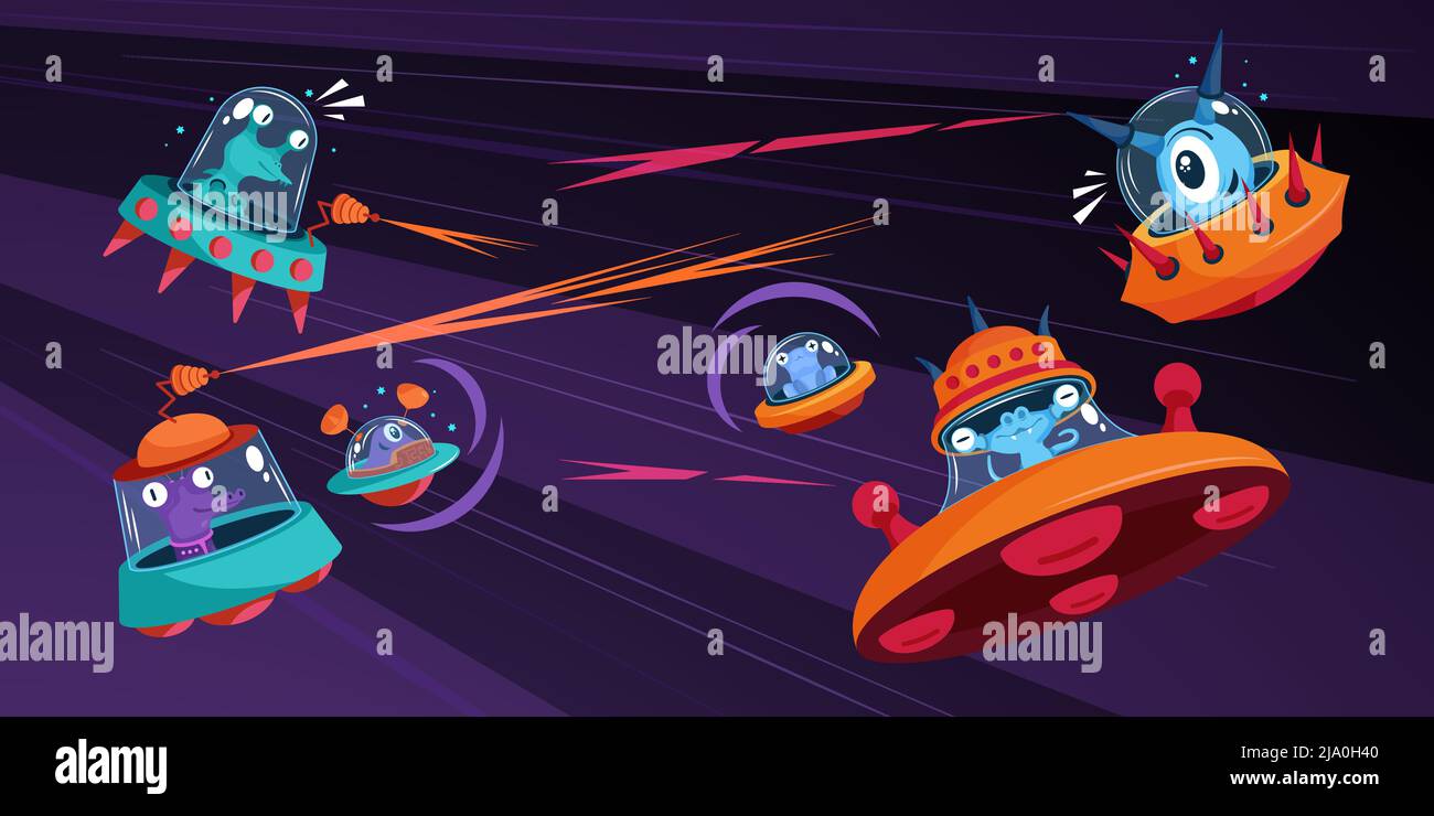 Aliens Raumschiff Komposition mit Comic-Figuren von Raum-Monster schießen Laser fliegen auf ufo-Raumschiffe Vektor-Illustration Stock Vektor