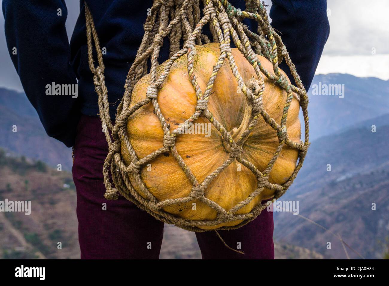 Eine Nahaufnahme eines Mannes, der einen großen Kürbis in einem handgefertigten Seil trägt, das einen Korb trägt. Himalaya-Region von Uttarakhand Indien. Stockfoto